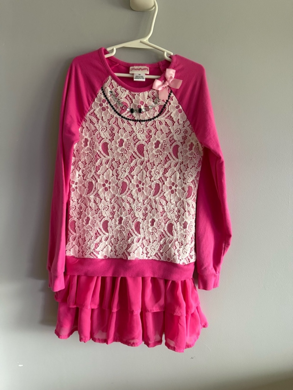 Flapdoodles Girls Pink Lace Ruffle Dress Size 10 Bow Rhinestone Boutique Party
